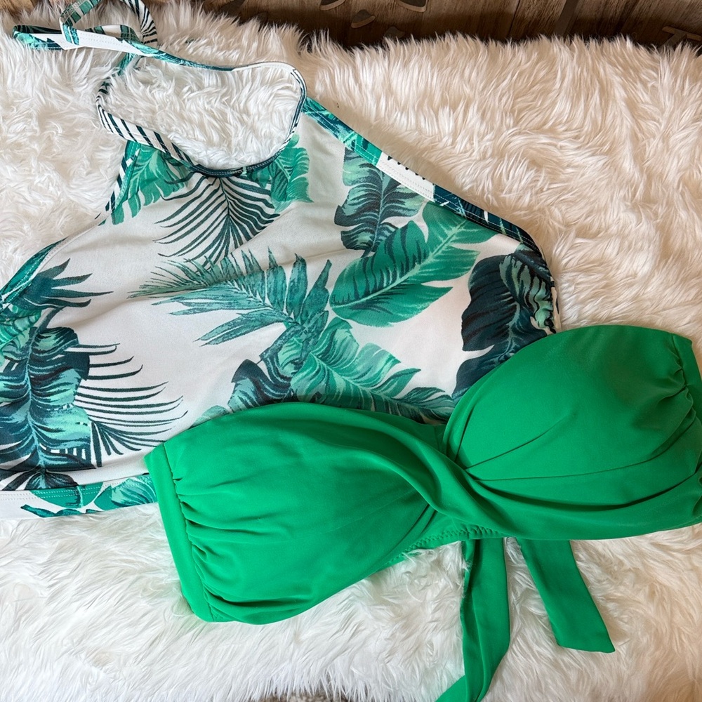 2 Green and Leaf Print Women's bikini tops